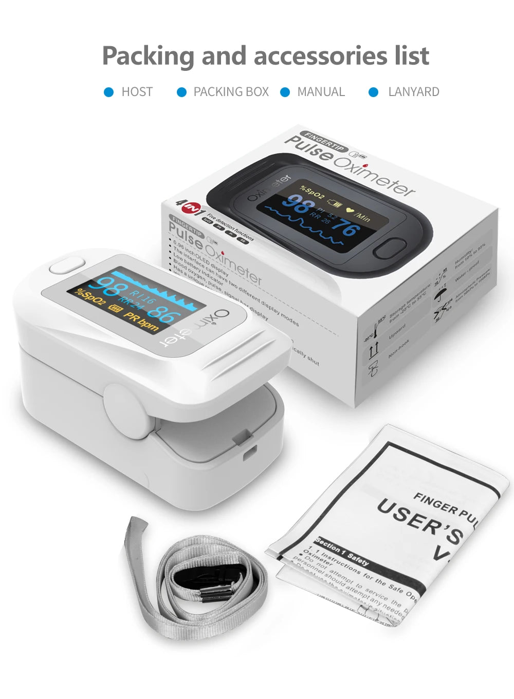 KIUZOU Finger Pulse Oximeter – SPO2, PR, PI, RR Blood Oxygen Saturation & Heart Rate Monitor, OLED Display