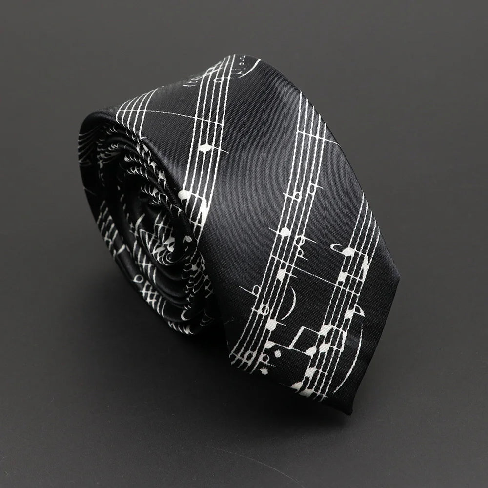 Musical Notes Slim Necktie - Silky Piano & Guitar Print Tie for Men & Women, Elegant Fashion Gift