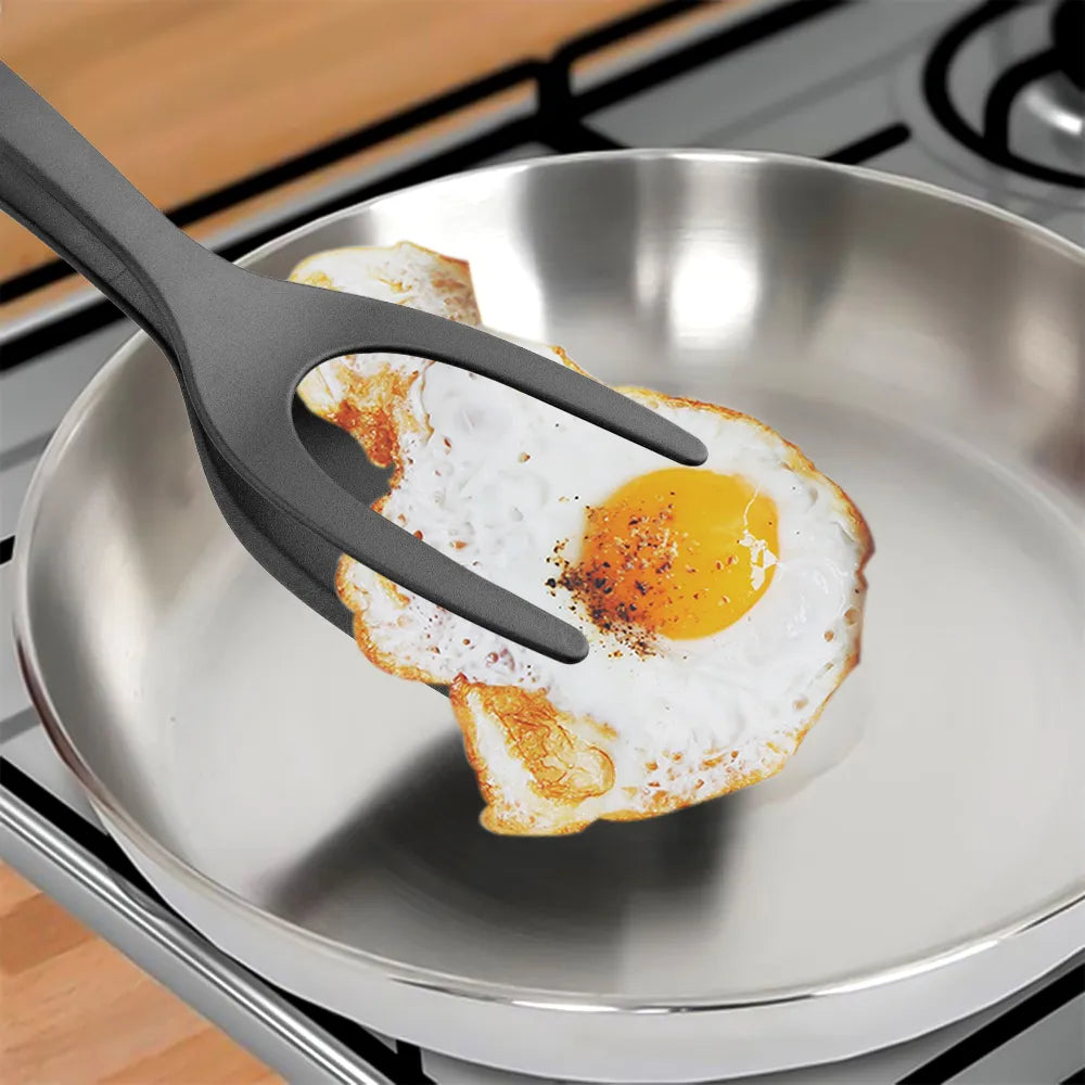 2-in-1 Nylon Grip Flip Tongs - Egg Spatula & Steak Spatula Clamp, Pancake Turner Kitchen Accessories