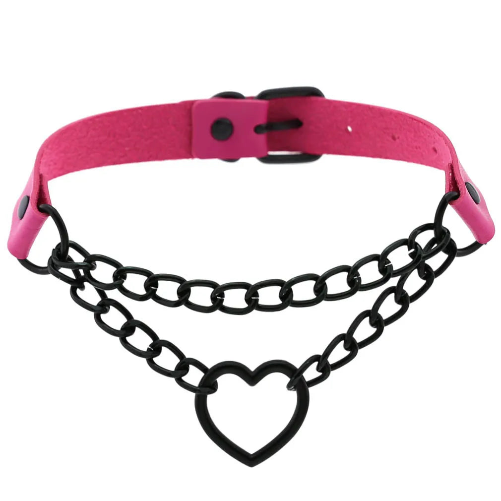 Vintage Heart Necklace Choker – Goth Collar with Chain, Grunge Punk, Cute Kawaii Egirl Harajuku Accessories for Girls