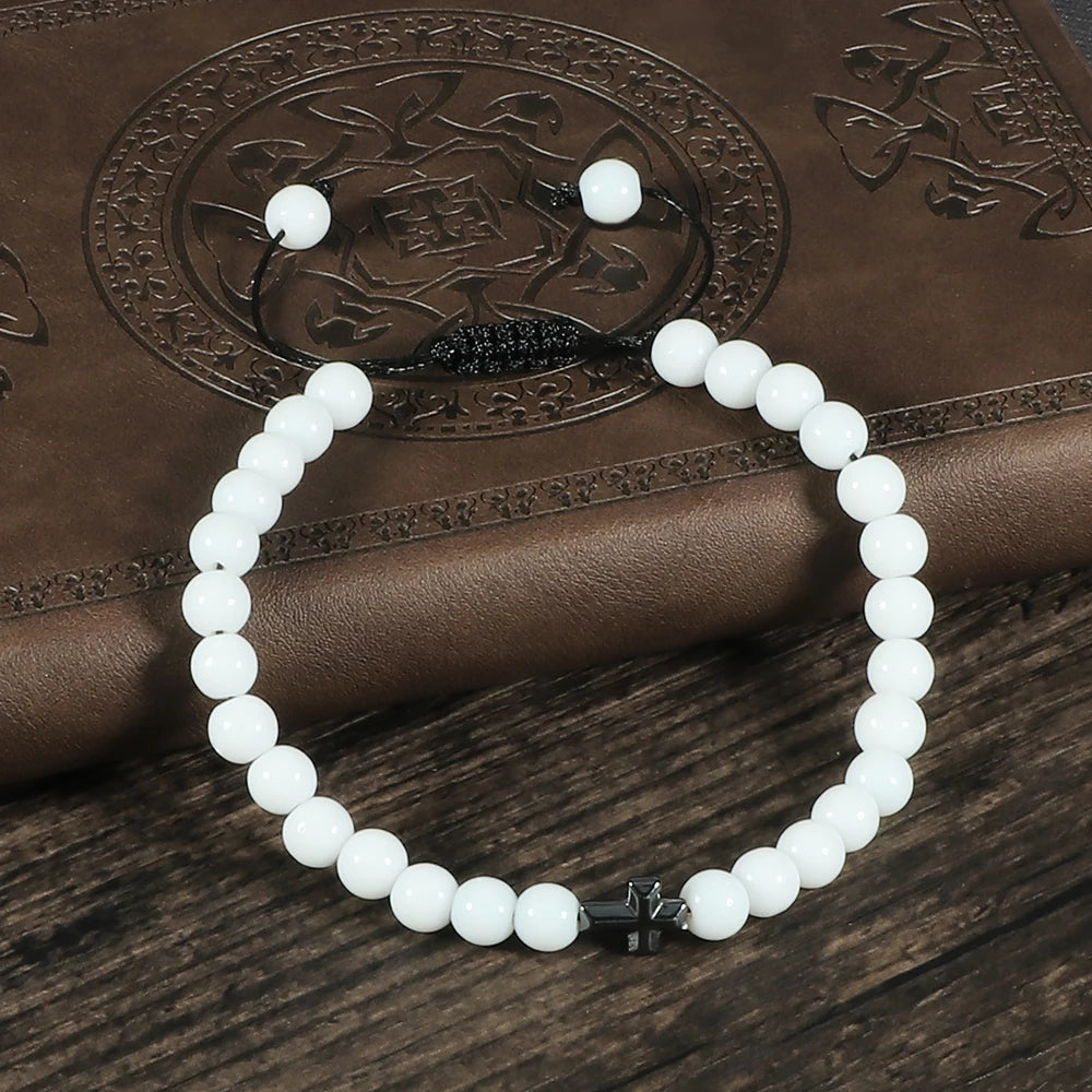Natural Stone Bead Cross Bracelet - 6mm Braided Christian Prayer Jewelry with Jesus Charm for Men & Women