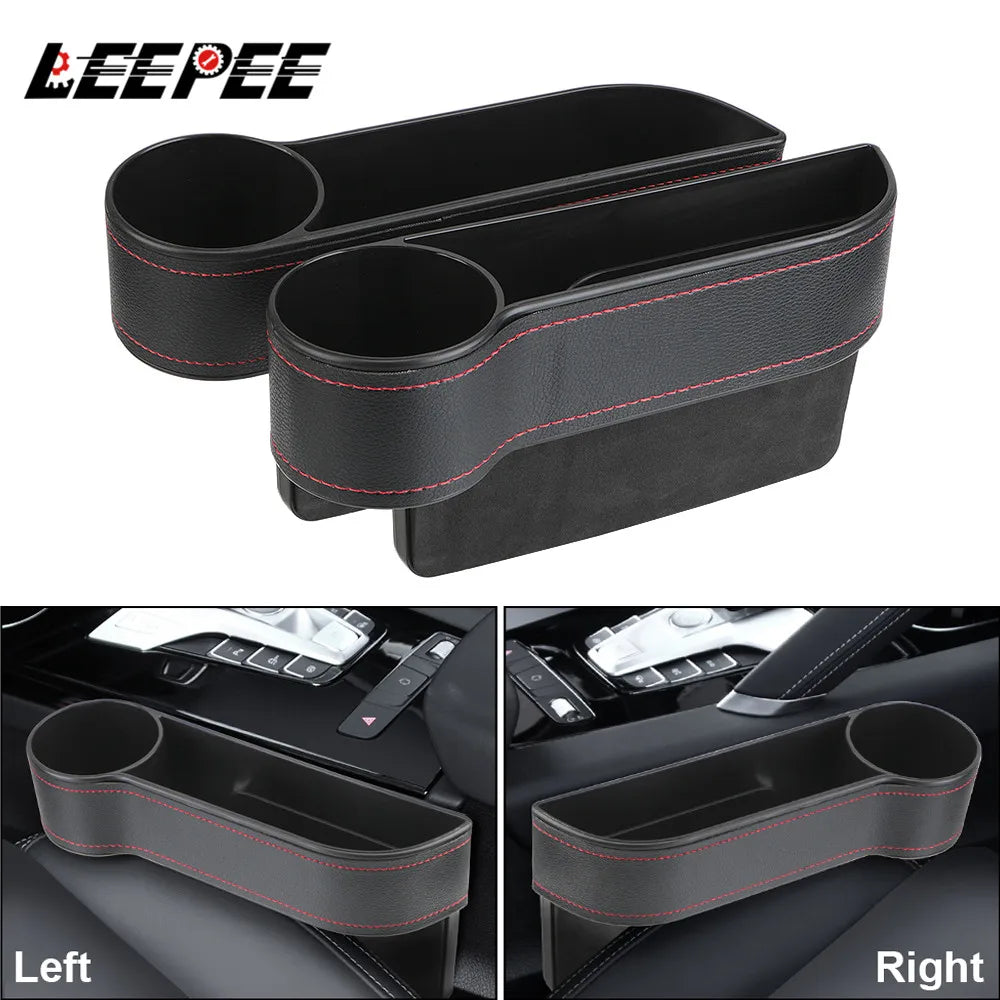 Universal PU Leather Car Seat Gap Organizer – Storage Box with Charging Hole, Phone, Bottle & Key Holder Auto Accessories