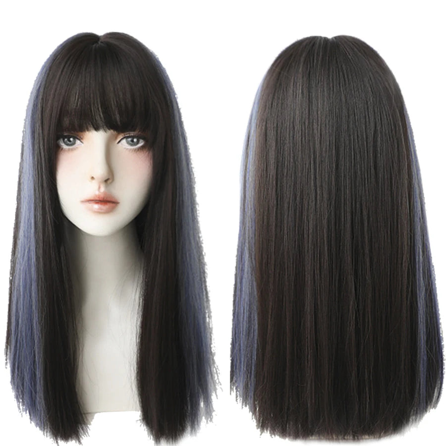 7JHHWIGS Long Straight Light Brown Synthetic Wig with Bangs – Heat-Resistant Daily Wear Wig for Women