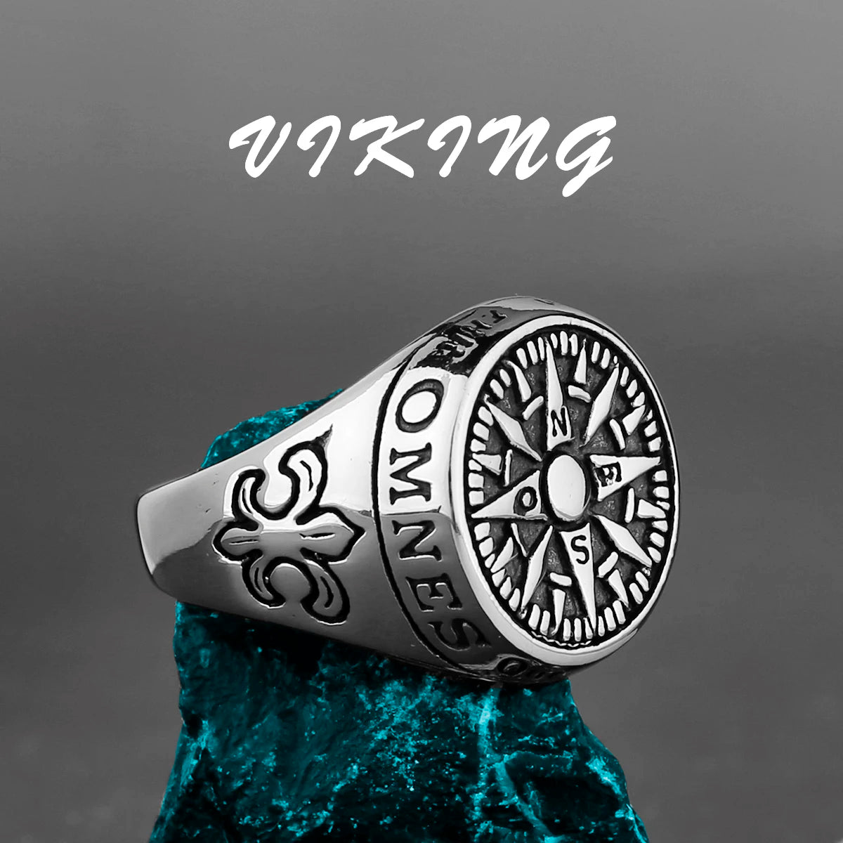 Nordic Viking Stainless Steel Ring - Compass Tree of Life Rune Wolf Amulet Jewelry for Men & Women