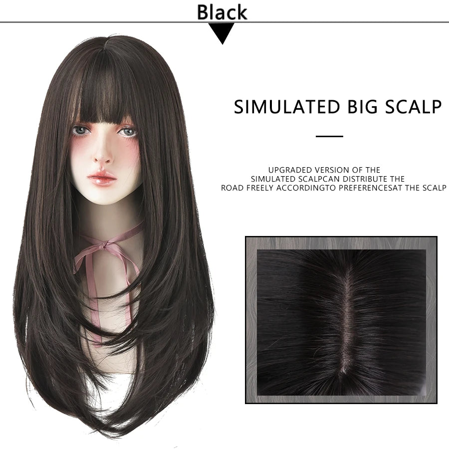 7JHHWIGS Long Straight Light Brown Synthetic Wig with Bangs – Heat-Resistant Daily Wear Wig for Women