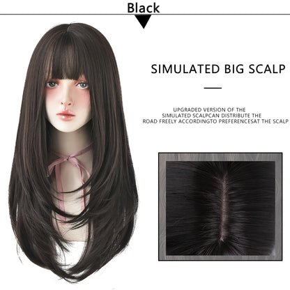7JHHWIGS Long Straight Light Brown Synthetic Wig with Bangs – Heat-Resistant Daily Wear Wig for Women