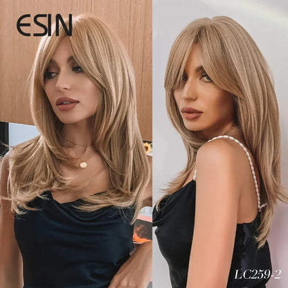ESIN Synthetic Dark Brown Wig for Women - Long Wavy Wig with Bangs, Heat Resistant for Party & Daily Use