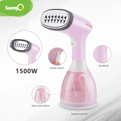saengQ Handheld Garment Steamer – 1500W Electric Fabric Steamer, 280ml Portable Fast-Heat Vertical Steam Iron for Clothes