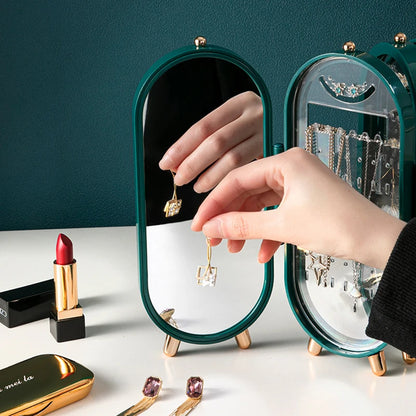 Foldable Jewelry Box with Mirror - Plastic Organizer for Earrings, Necklaces, and Rings - Stylish Desk Storage Rack for Women