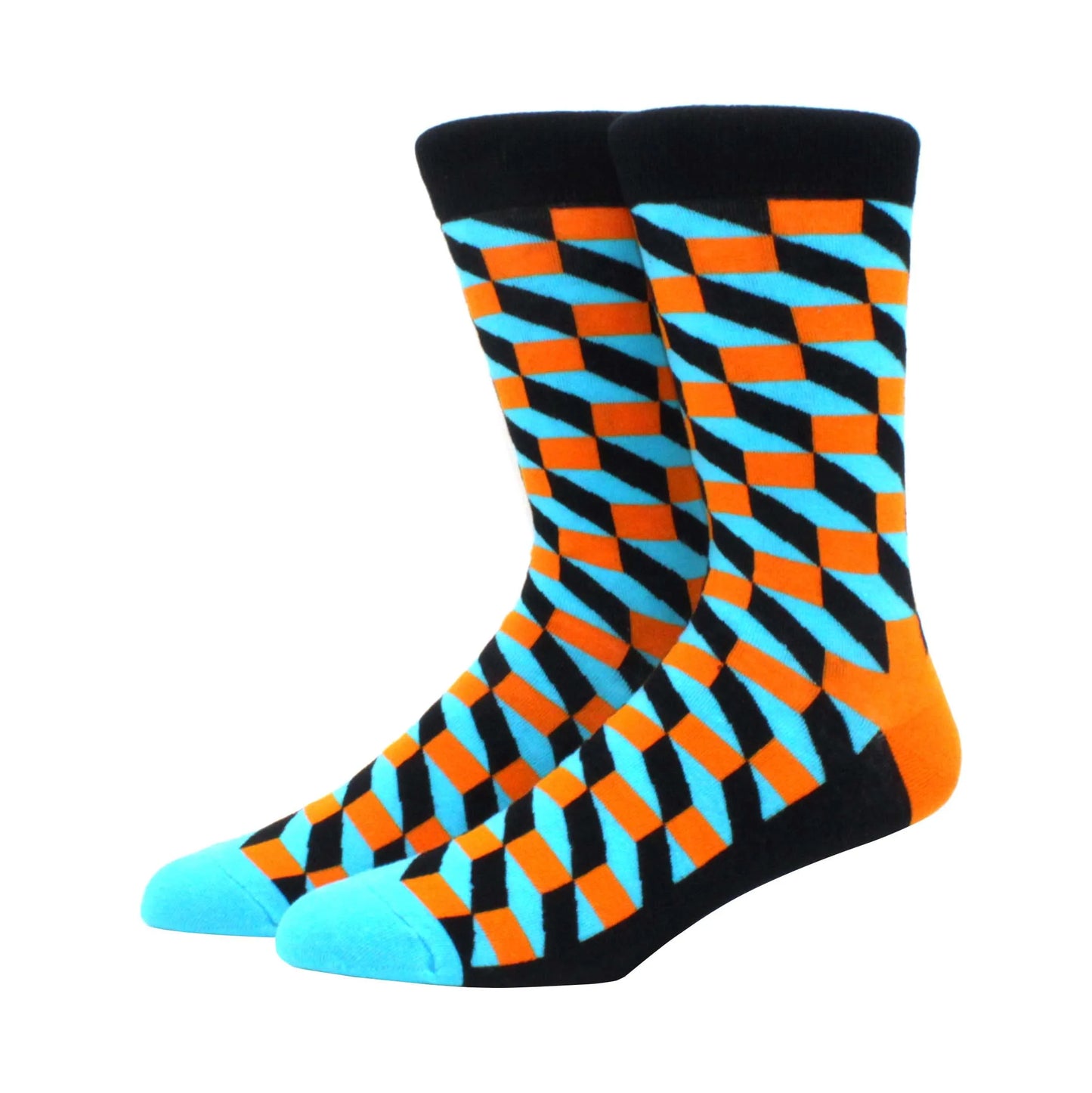 Men’s Funny Argyle Diamond Pattern Cotton Socks – Large Size 3D Geometric Crew Tube Socks, Combed Cotton Casual Novelty Socks
