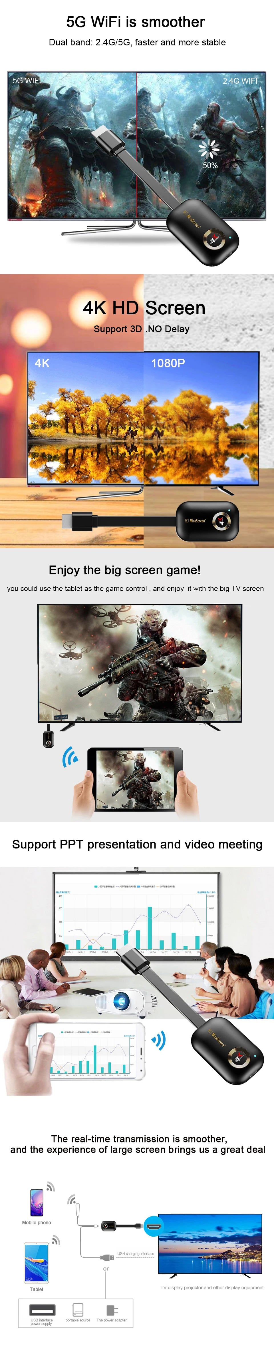 Mirascreen G9 Plus 4K Wireless Display Dongle - 2.4G/5G H.265 Wifi for Miracast, Airplay, DLNA from Android/iOS to TV