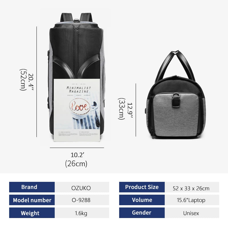 OZUKO Multifunction Men’s Travel Bag – Large Capacity Waterproof Suit Luggage Duffel with Shoe Pocket