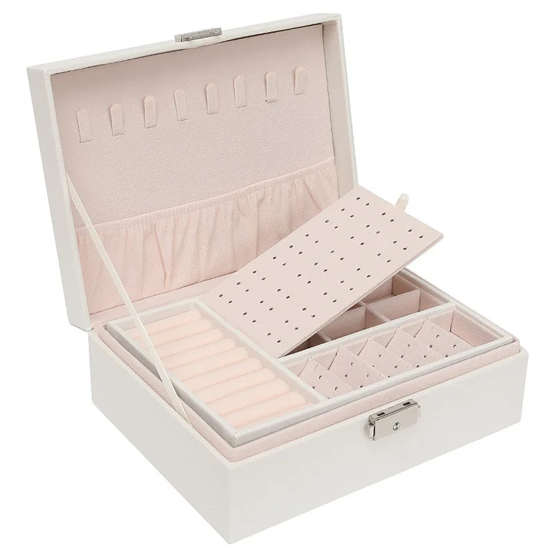 Double-Layer Wooden Jewelry Box – PU Leather Ring & Accessory Organizer with Storage and Makeup Case