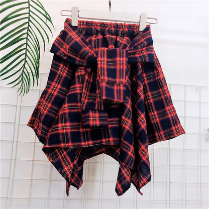 TOTRUST Women’s Fashion Asymmetrical Summer Plaid Mini Skirt – Casual College Style Fake Shirt Design