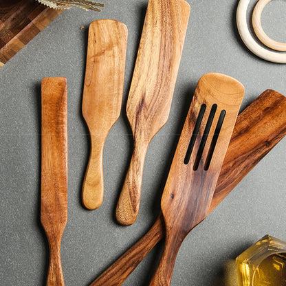 1-9pcs Teak Wood Tableware Set – Natural Wooden Cooking Spoons, Colander Spoon & Soup Skimmer Kitchen Tool Kit
