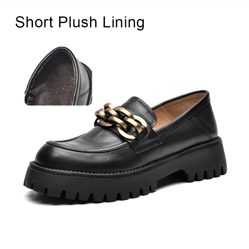 BeauToday Women’s Chunky Loafers – Genuine Leather Platform Slip-On Flats with Round Toe and Metal Chain, Handmade 27748