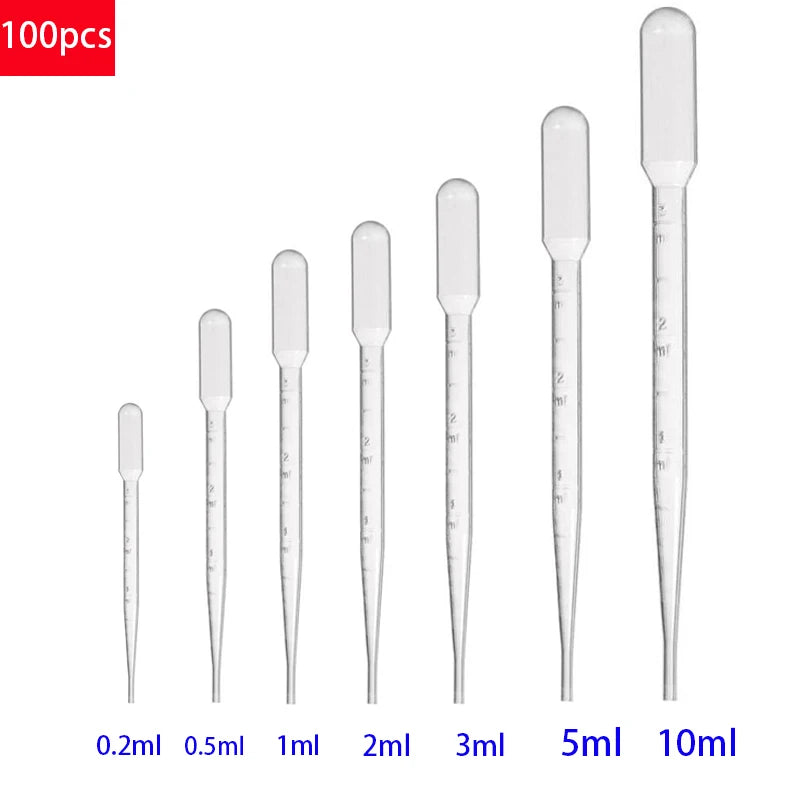 100PCS Laboratory Pipette Set — Plastic Disposable Graduated Droppers, 0.2/0.5/1/2/3/5/10mL for Liquid Measurement