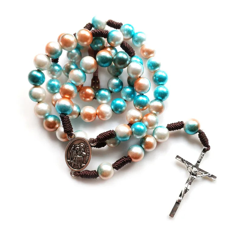 QIGO Vintage Acrylic Rosary Necklace – Brown Catholic Jesus Cross Pendant with Rope Weave Chain, Religious Jewelry for Men & Women
