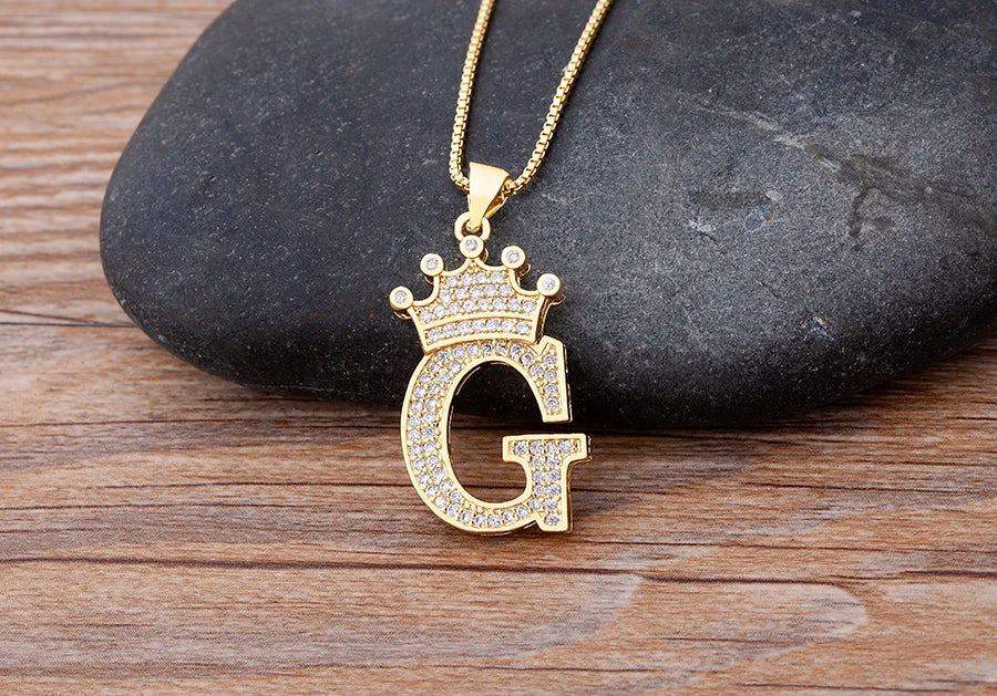 Nidin Luxury A-Z Crown Alphabet Pendant – Copper Zircon Initial Necklace Chain, Hip-Hop Style Jewelry for Men & Women