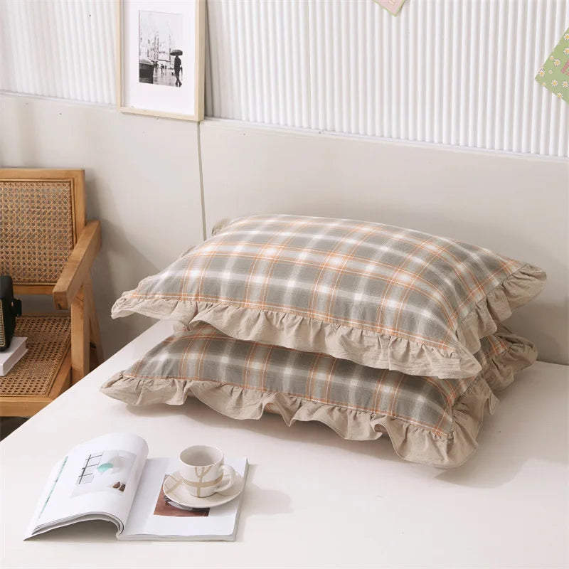 2 Pack 48x74cm Plaid Washed Cotton Pillowcases – Super Soft Ruffled Bedding Covers for Home & Dorm Decor