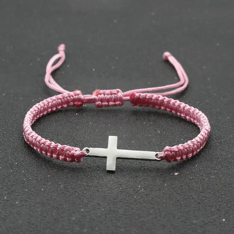 Stainless Steel Cross Charm Bracelet - Handmade Adjustable Braided Rope Chain Couple Jewelry for Women & Men