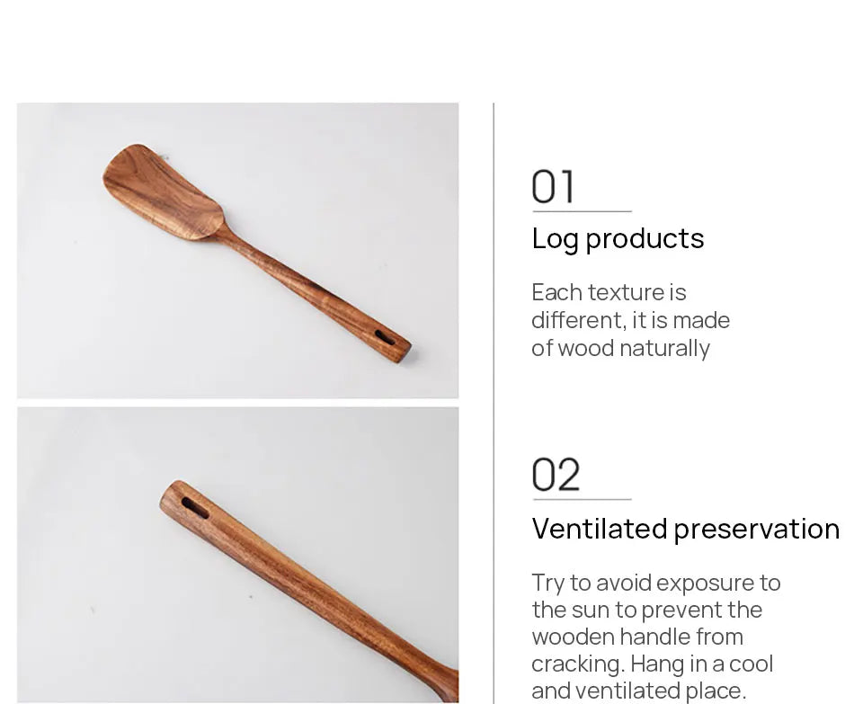 1-7pcs Teak Wood Tableware Set – Natural Wooden Spoons, Colander Spoon & Soup Skimmer Cooking Tool Kit