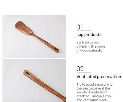 1-7pcs Teak Wood Tableware Set – Natural Wooden Spoons, Colander Spoon & Soup Skimmer Cooking Tool Kit