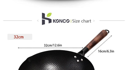 Konco 32cm Cast Iron Wok – Non-Coated Chinese Cookware Pan for Gas & Induction Kitchen Use