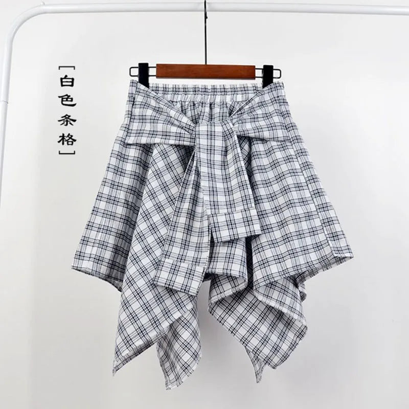 TOTRUST Women’s Fashion Asymmetrical Summer Plaid Mini Skirt – Casual College Style Fake Shirt Design