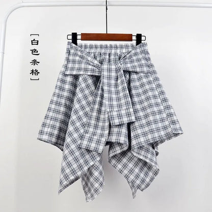 TOTRUST Women’s Fashion Asymmetrical Summer Plaid Mini Skirt – Casual College Style Fake Shirt Design