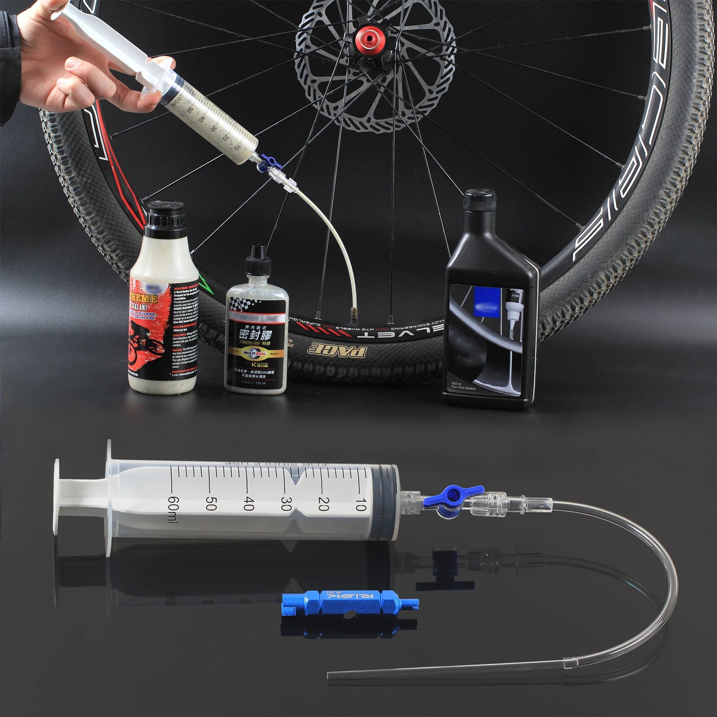 RISK RL225 Tubeless Tyre Sealant Injector — Bike Syringe with Schrader & Presta Valve Core Remover
