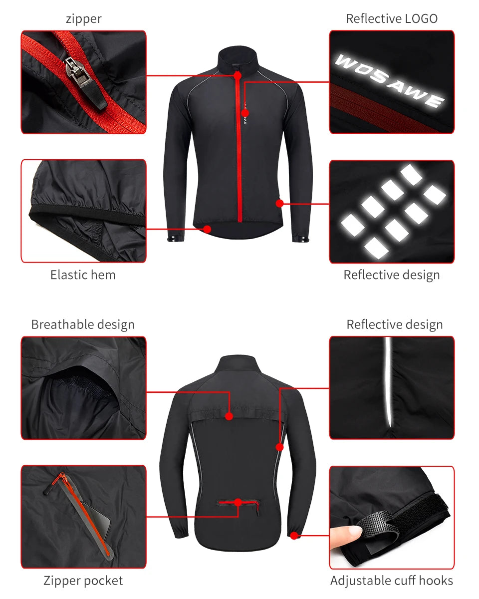 WOSAWE Men's Windproof Waterproof Cycling Jacket – Reflective MTB Bike Windbreaker & Vest