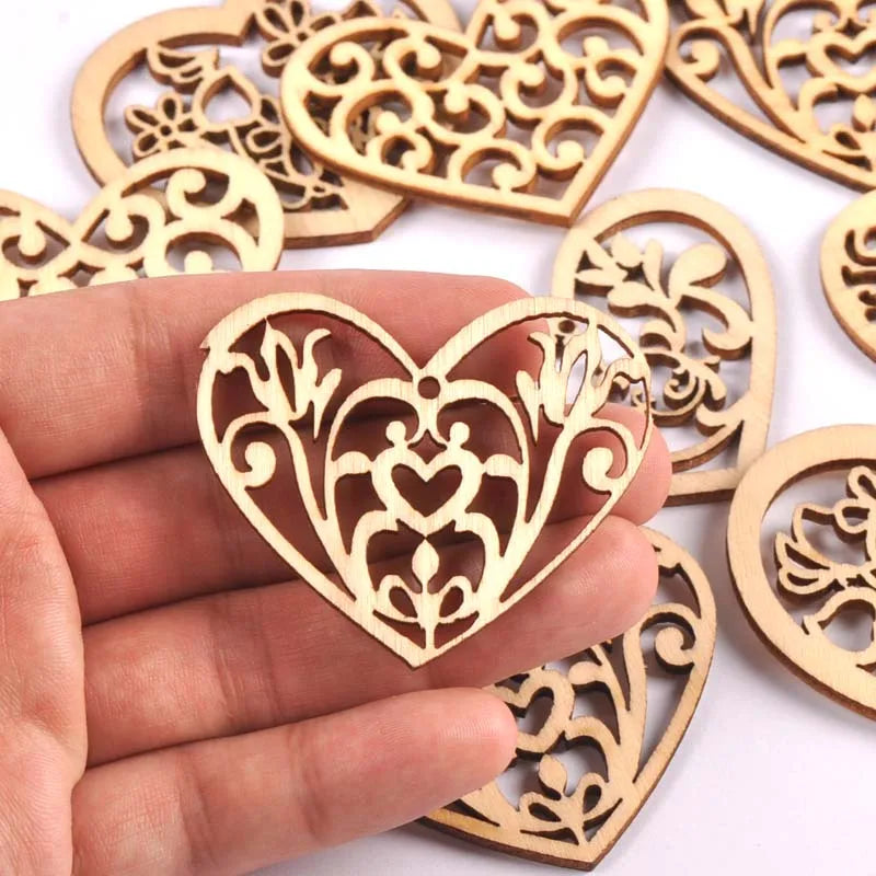 12PCS Mixed Lace Heart Wood Pendants – DIY Scrapbook, Home Hanging Ornaments & Wedding Decor Embellishments 38x50mm