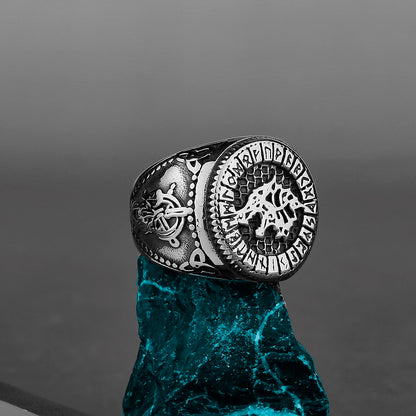 Nordic Viking Stainless Steel Ring - Compass Tree of Life Rune Wolf Amulet Jewelry for Men & Women