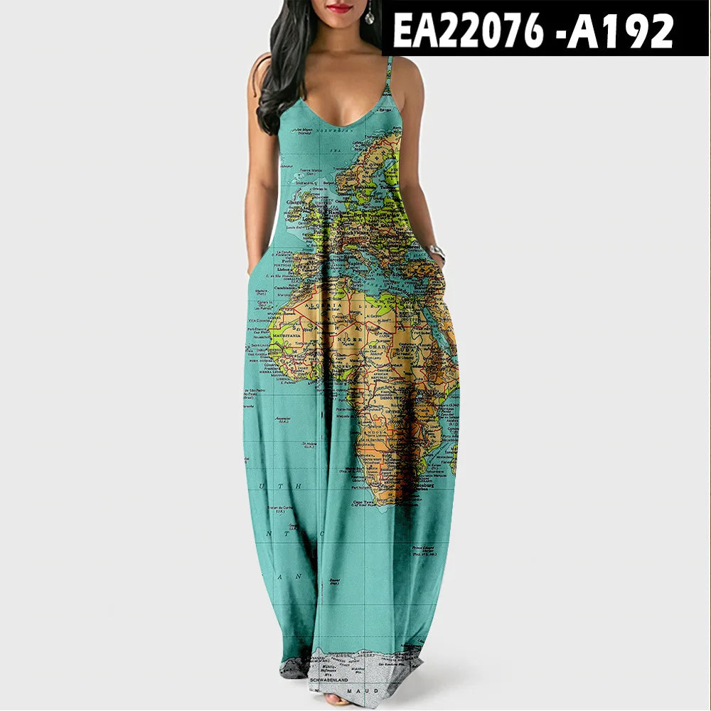 Women’s World Map Beach Dress – Elegant Sexy Long Sundress with Irregular Hem, Sleeveless Spaghetti Straps, Plus Size Summer Dress