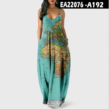 Women’s World Map Beach Dress – Elegant Sexy Long Sundress with Irregular Hem, Sleeveless Spaghetti Straps, Plus Size Summer Dress