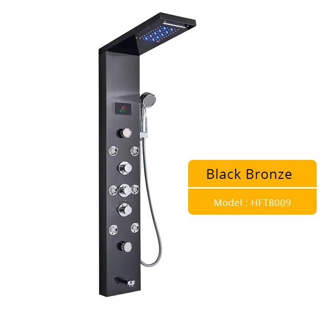 Brushed Nickel Bathroom Shower Column - Wall-Mounted Black LED Shower Panel with Digital Screen, 6 Modes & Rainfall Mixer Tap