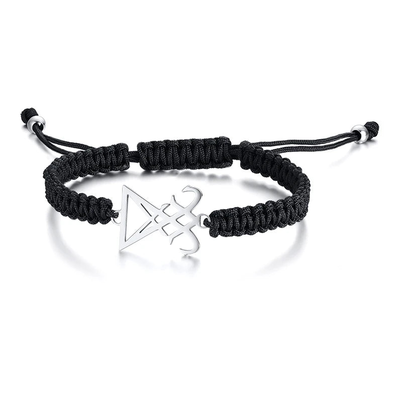 Lucifer Seal Charm Bracelet - Handmade Black Braided Adjustable Wave Wrist Jewelry for Men