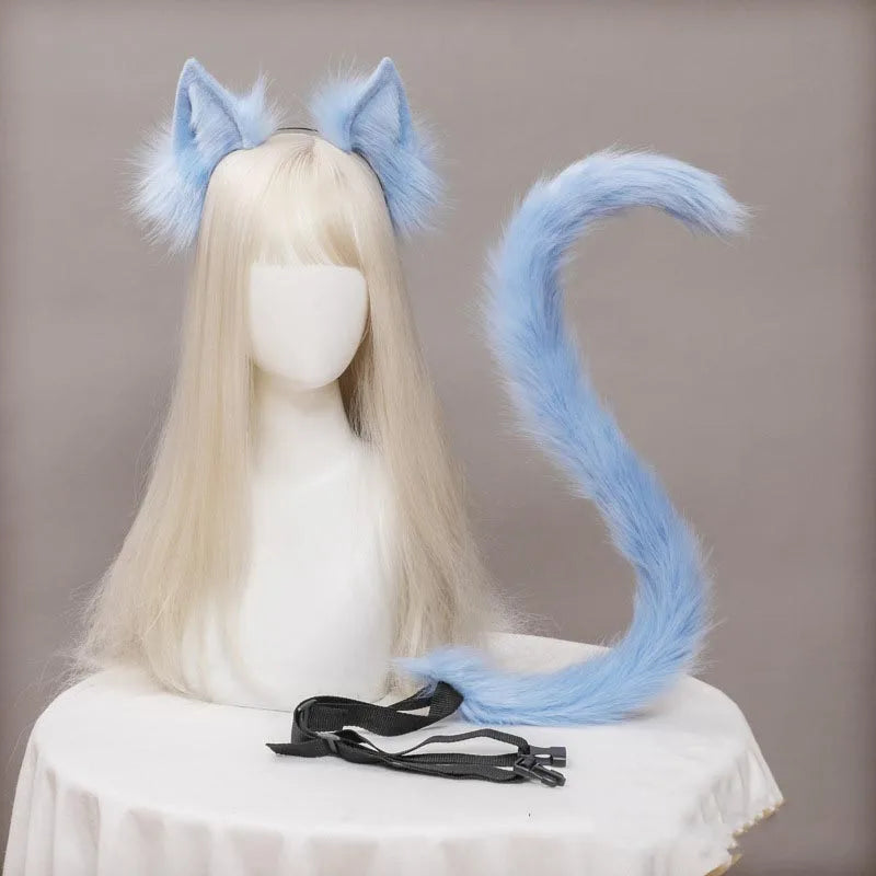 Plush Cat Ears Headband & Tail Set - Realistic Lolita Cosplay Accessories, Handmade Animal Ears for Halloween & Kawaii Costumes