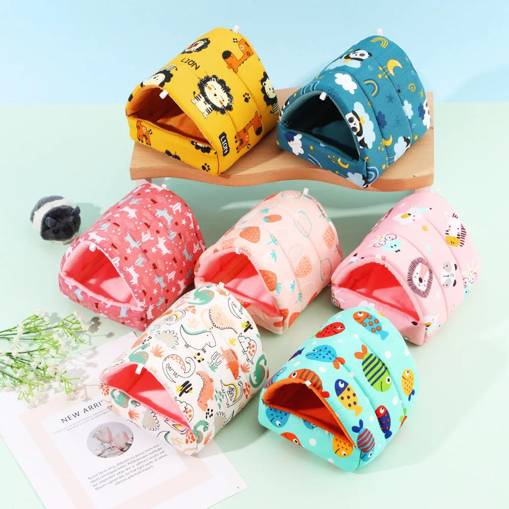 Cute Cartoon Rabbit & Squirrel Mini Pet Cage — Warm Winter Bed House for Hamsters, Mice, Rats & Guinea Pigs