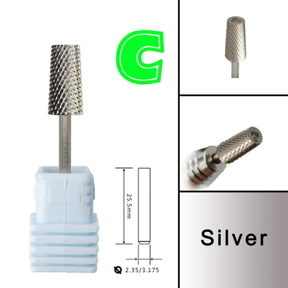 RolinStar 6.6 Large Trapezium Tapered Barrel Nail Drill Bit – Gold & Silver Tungsten Steel Carbide Milling Cutter for Manicure & Pedicure