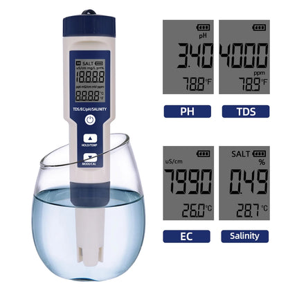 5 in 1 PH Meter Water Quality Tester - Digital TDS, EC, PH, Salinity & Temperature Meter for Pools & Aquariums with Backlight