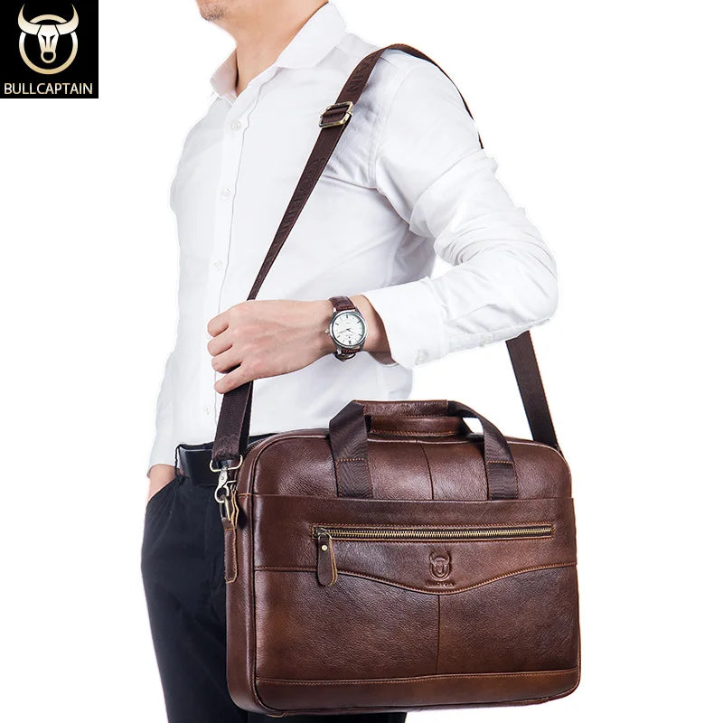 BULLCAPTAIN Men's Genuine Leather Briefcase – 14-Inch Laptop Shoulder Messenger Bag for Business & Office