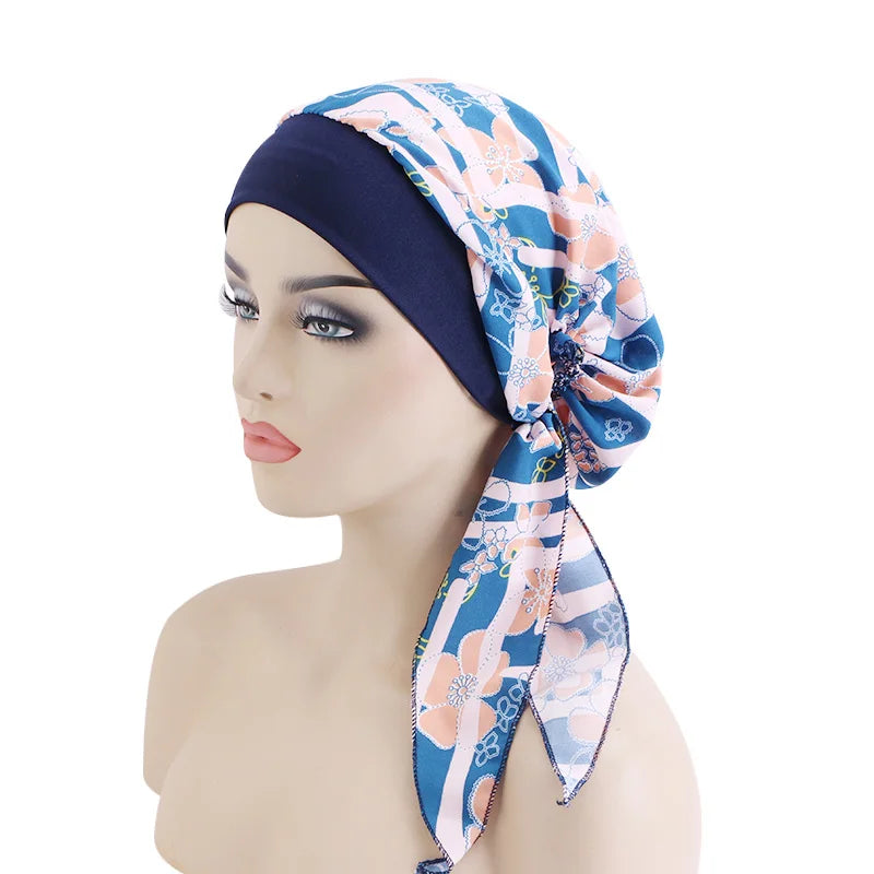 Women’s Pre-Tied Turban Cap – Muslim Hijab & Chemo Hair Loss Head Scarf with Flower Print Stretch Bandana