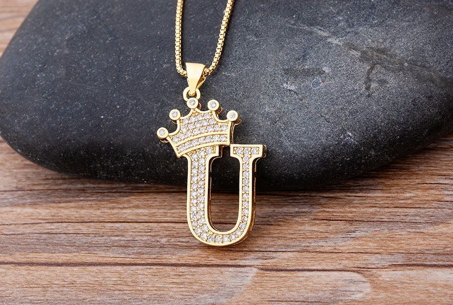Nidin Luxury A-Z Crown Alphabet Pendant – Copper Zircon Initial Necklace Chain, Hip-Hop Style Jewelry for Men & Women