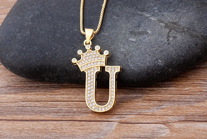 Nidin Luxury A-Z Crown Alphabet Pendant – Copper Zircon Initial Necklace Chain, Hip-Hop Style Jewelry for Men & Women