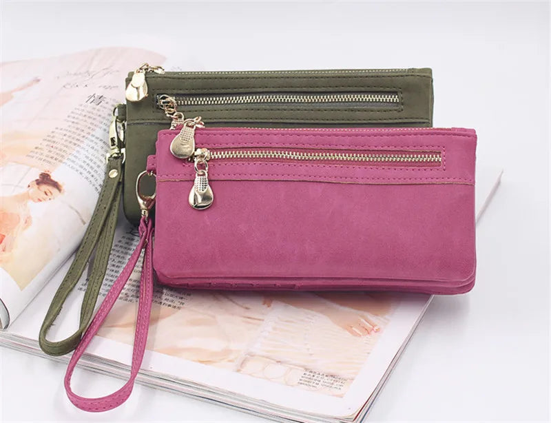 Large Capacity Women's Wallet – Dull Polish Leather, Double Zipper Clutch Wristlet with Phone, Coin & Card Holder Pockets