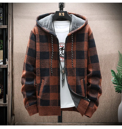 Men's Winter Plaid Hooded Cardigan – Warm Wool Fleece Zipper Jacket Knit Sweater Coat