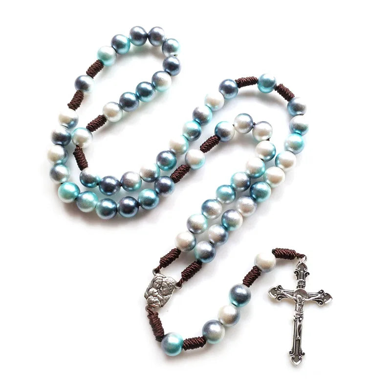 QIGO Vintage Acrylic Rosary Necklace – Brown Catholic Jesus Cross Pendant with Rope Weave Chain, Religious Jewelry for Men & Women