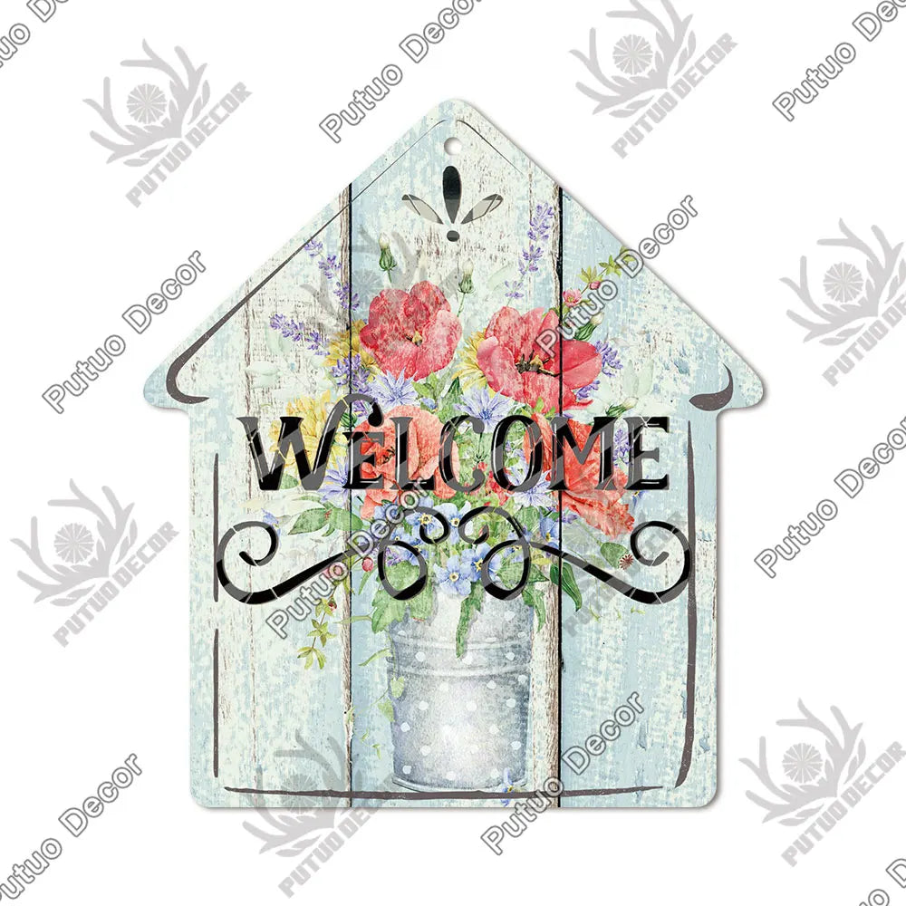 Putuo Decor Welcome House Shaped Wooden Sign – Rustic Hanging Plate for Home, Living Room Wall Decor